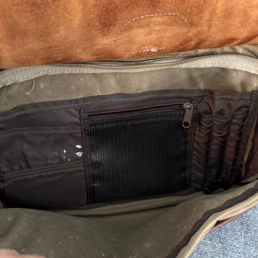 LL Bean Vintage Waxed Canvas Leather Briefcase Laptop Bag Olive Brown Satchel - Picture 9 of 16